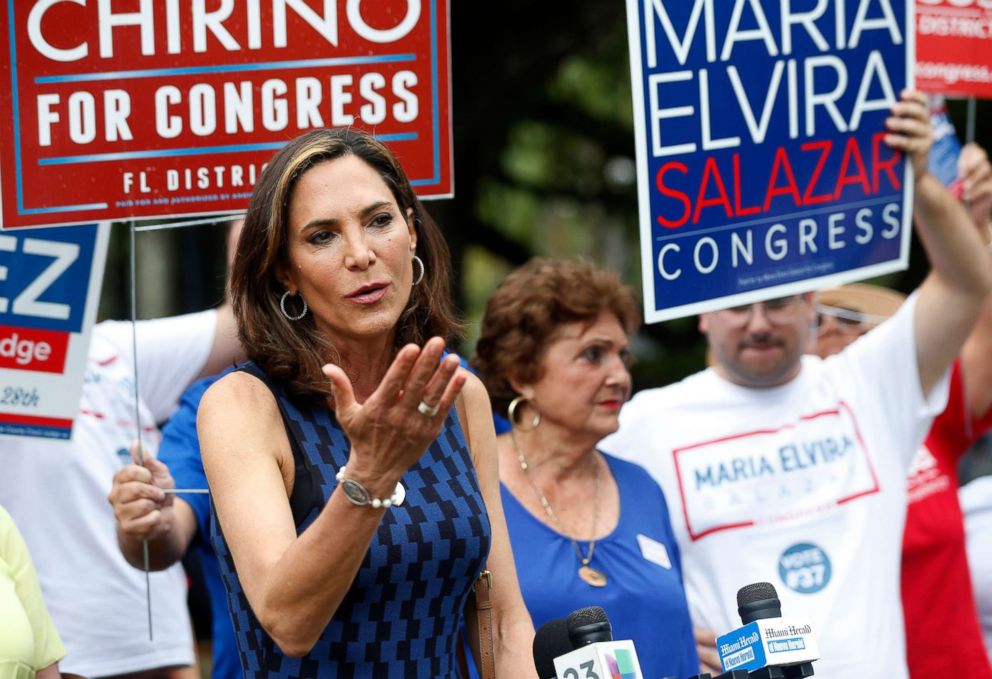 PHOTO: Maria Elvira Salazar, running for retiring Rep. Ileana Ros-Lehtinen's seat, speaks with members of the media outside a polling station at a library, during the Florida primary election, Aug. 28, 2018, in Coral Gables, Fla.