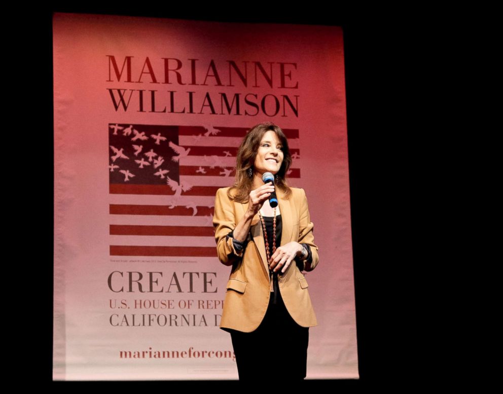 PHOTO: Marianne Williamson speaks at her election rally, June 2, 2014, in Santa Monica, California.