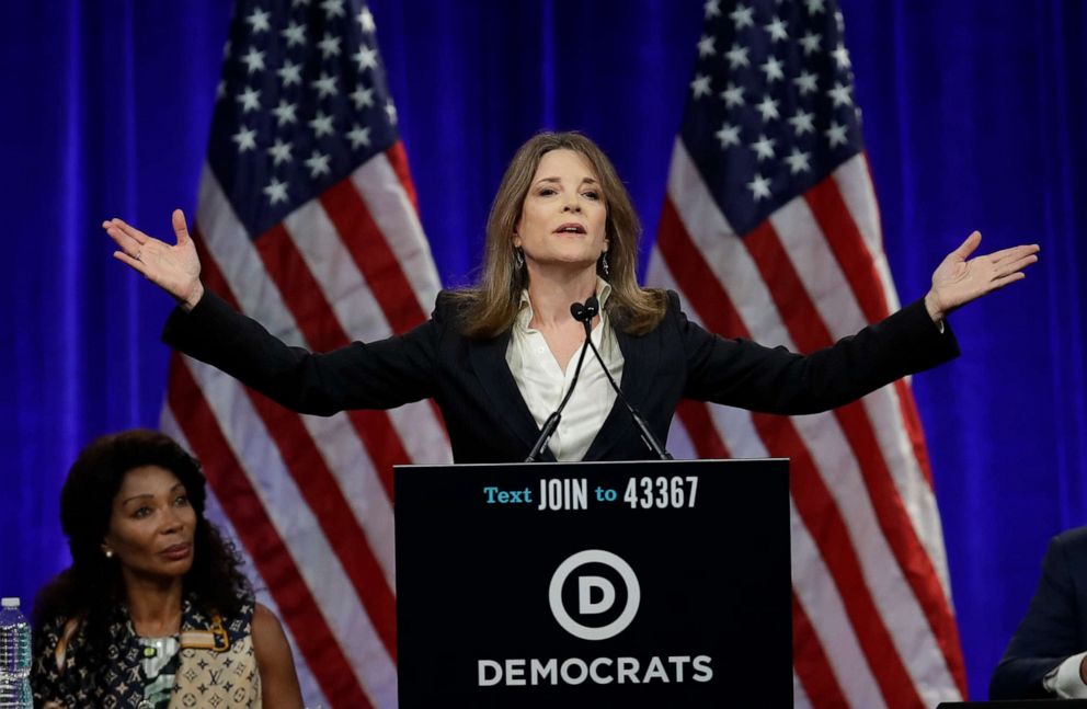 PHOTO: Marianne Williamson, 2020 Democratic presidential hopeful, gestures while speaking at the Democratic National Committee's summer meeting, Aug. 23, 2019, in San Francisco.