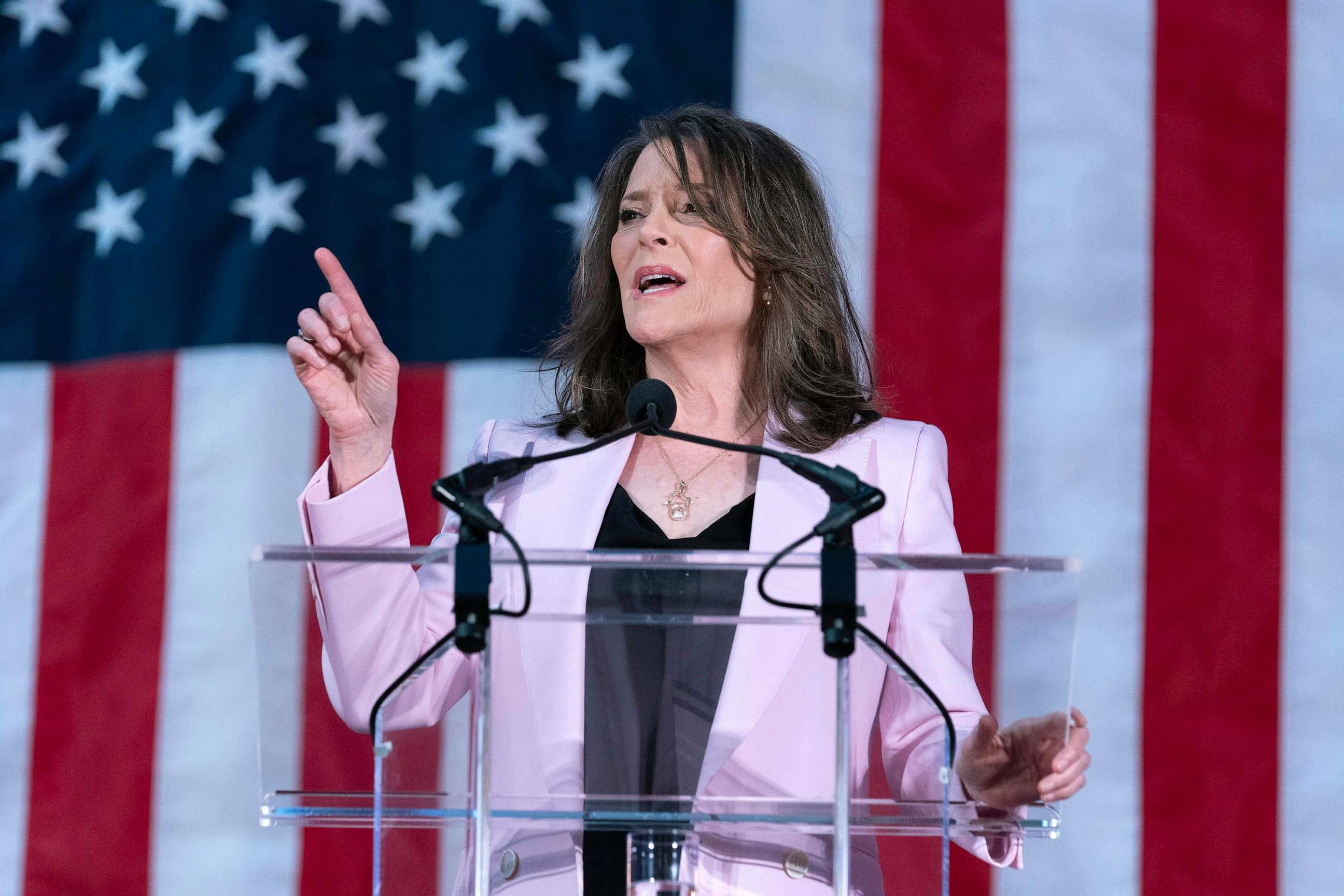 PHOTO: Self-help author Marianne Williamson speaks to the crowd as she launches her 2024 presidential campaign in Washington, D.C., on March 4, 2023.