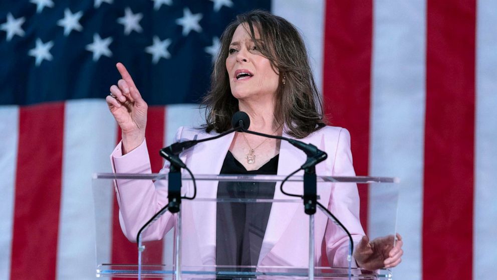 PHOTO: Self-help author Marianne Williamson speaks to the crowd as she launches her 2024 presidential campaign in Washington, D.C., on March 4, 2023.