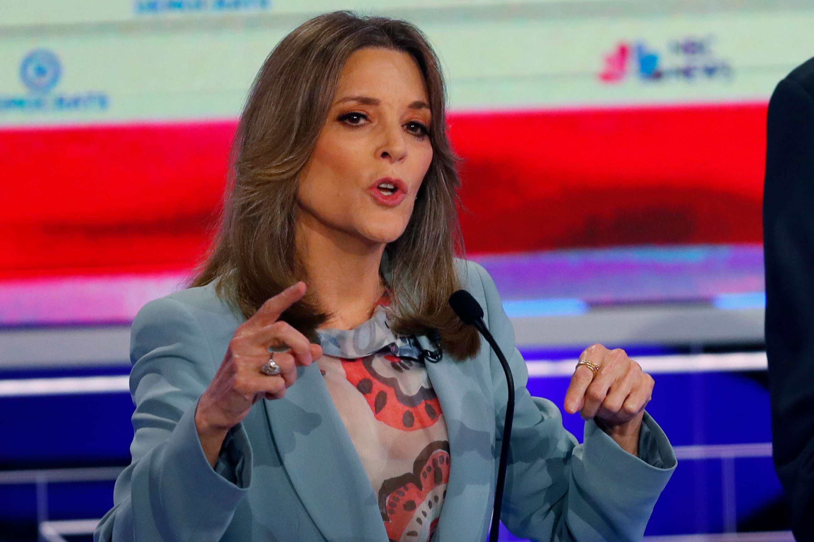 PHOTO: Marianne Williamson participates in the second night of the first 2020 democratic presidential debate at the Adrienne Arsht Center for the Performing Arts in Miami, June 27, 2019.