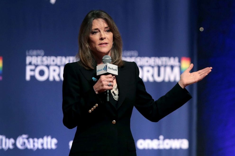 PHOTO: Democratic presidential candidate and self-help author Marianne Williamson speaks at a LGBTQ presidential forum at Coe Colleges Sinclair Auditorium, Sept. 20, 2019, in Cedar Rapids, Iowa.