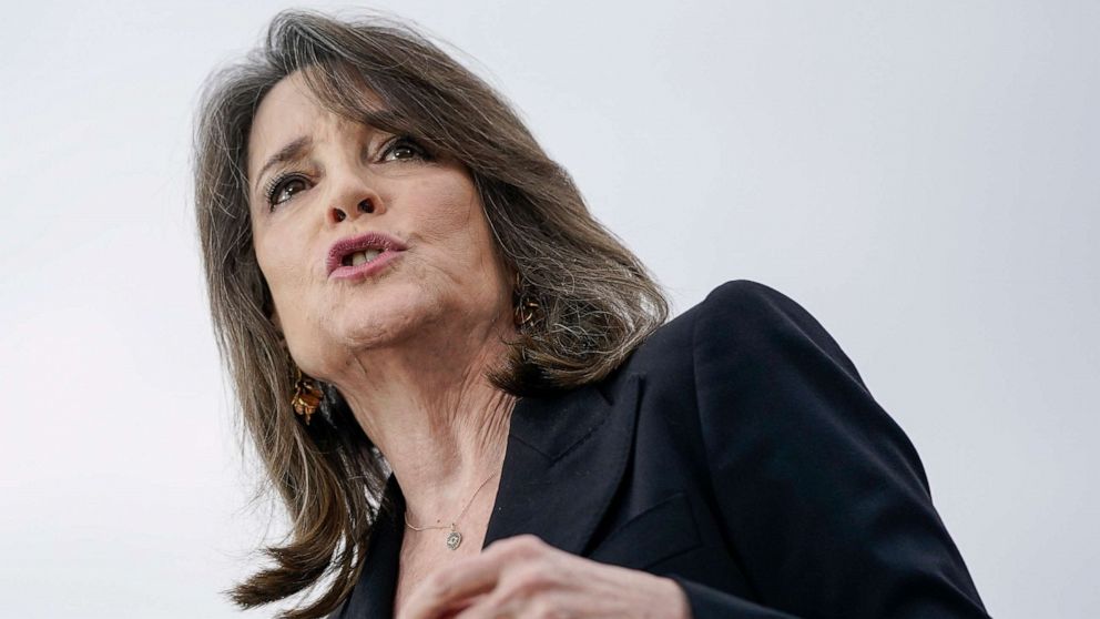 PHOTO: Marianne Williamson speaks as she endorses then-Democratic presidential candidate Sen. Bernie Sanders (I-VT) during a campaign rally at Vic Mathias Shores Park on Feb. 23, 2020 in Austin, Texas.