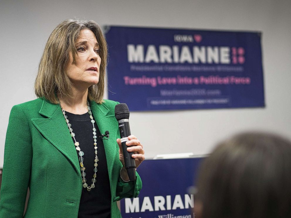 PHOTO: Marianne Williamson talks to a group of about 50 Iowans during a campaign appearance at the Central Public Library in Des Moines, Nov. 21, 2019.