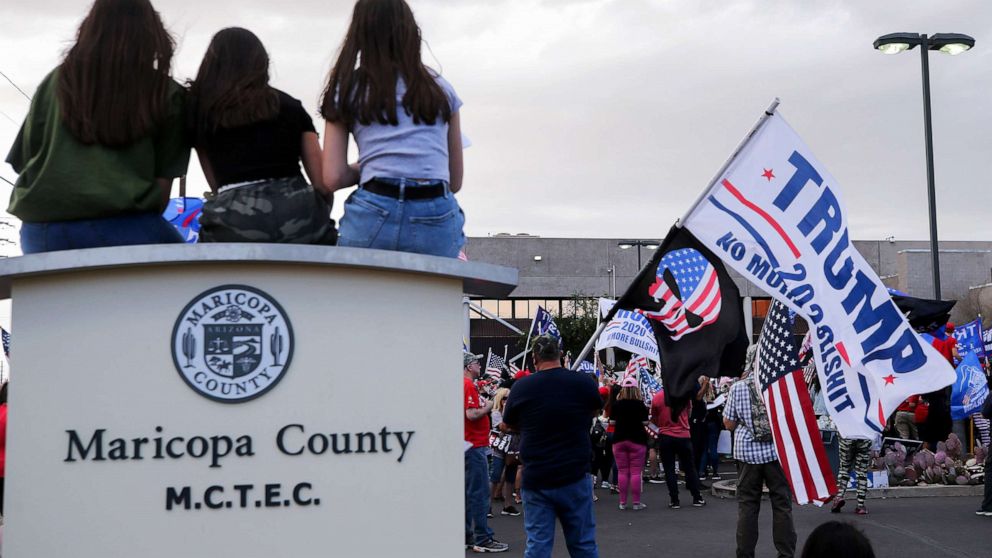 PHOTO: Supporters of President Donald Trump demonstrate in front of the Maricopa County Elections Department office, Nov. 7, 2020, in Phoenix.