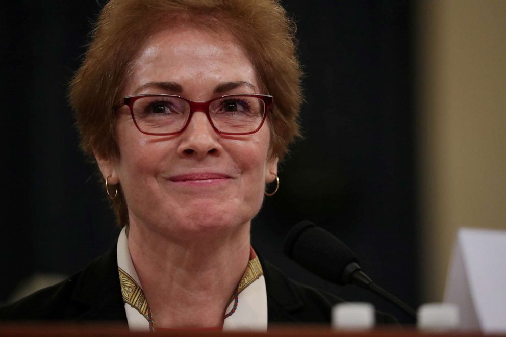 PHOTO: Marie Yovanovitch, former U.S. ambassador to Ukraine, reacts while testifying before a House Intelligence Committee hearing as part of the impeachment inquiry into President Donald Trump on Capitol Hill in Washington, Nov. 15, 2019.