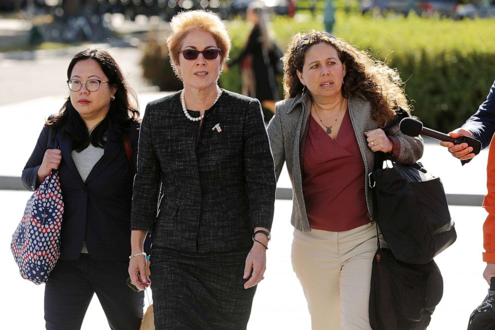 PHOTO: Former U.S. Ambassador to Ukraine Marie Yovanovitch, accompanied by lawyers, aides and journalists, arrives at the U.S. Capitol, Oct. 11, 2019, in Washington.