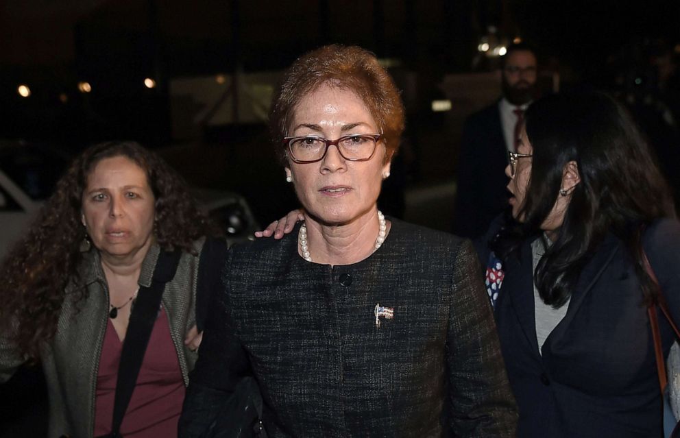 PHOTO: Former US Ambassador to Ukraine Marie Yovanovitch, center, leaves the U.S. Capitol, Oct. 11, 2019, after testifying as part of the ongoing impeachment investigation against President Donald Trump.