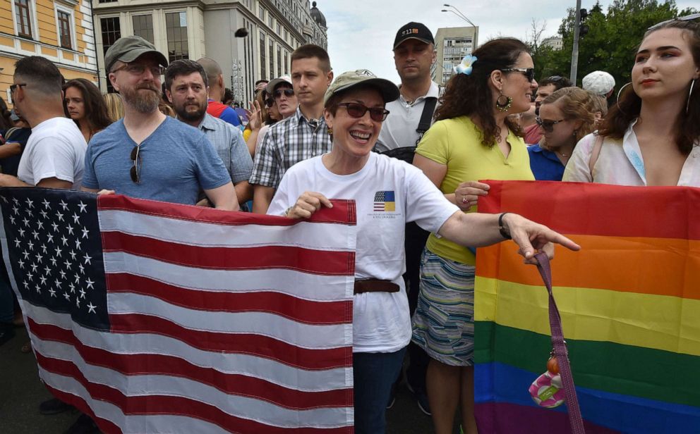 PHOTO: U.S. Ambassador to Ukraine Marie Yovanovitch, center, takes part in the gay pride march in central Kyiv, Ukraine, June 17, 2018.