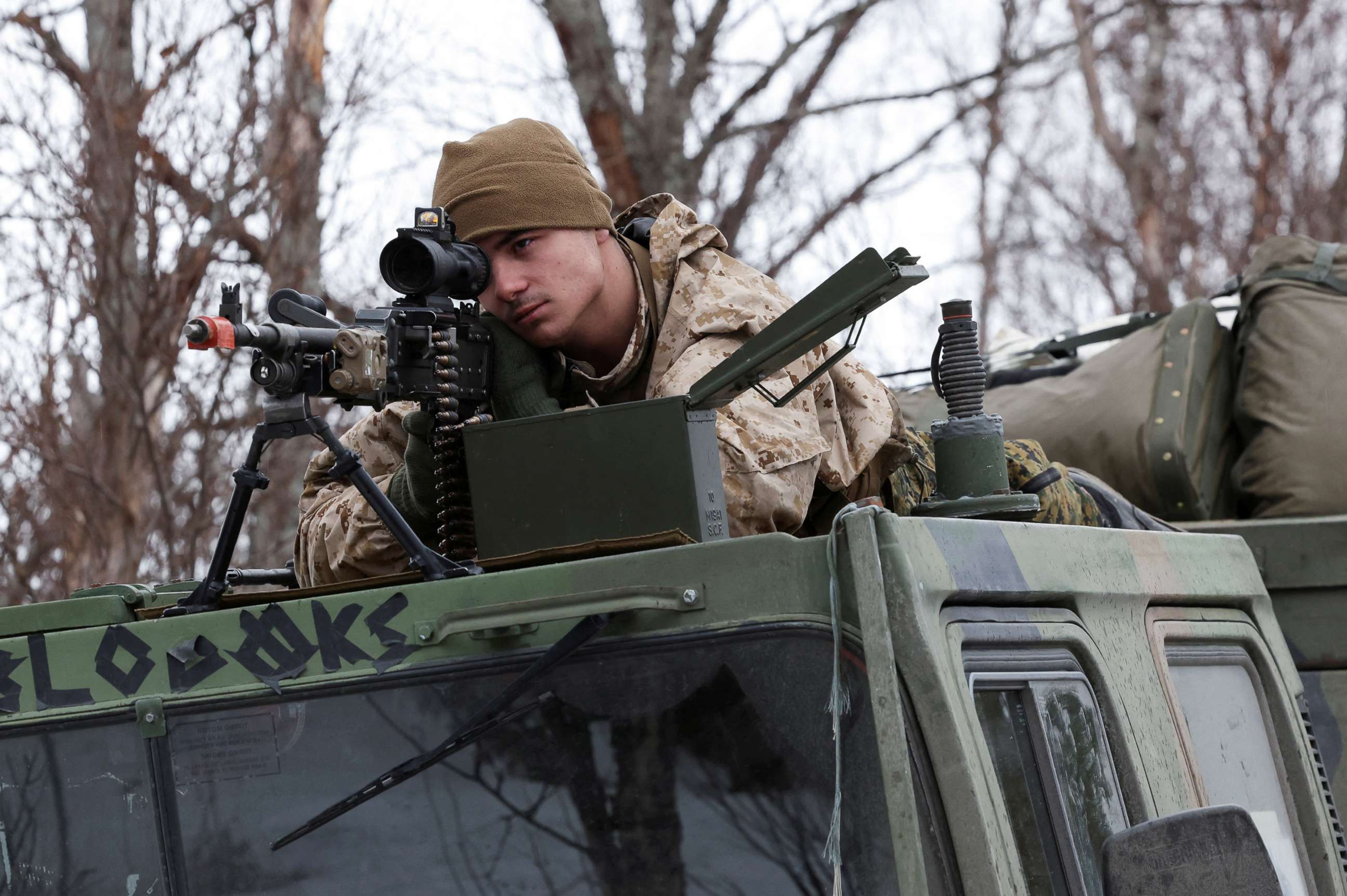 PHOTO: A U.S. Marine participates in a military exercise called "Cold Response 2022," a gathering of around 30,000 troops from NATO member countries plus Finland and Sweden, amid Russia's invasion of Ukraine, in Evenes, Norway, March 22, 2022.