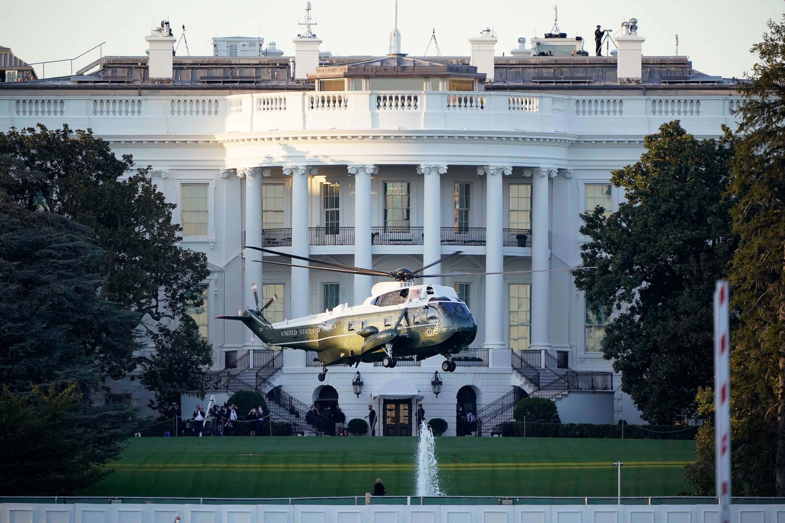 PHOTO: Marine One lifts off from the White House to carry President Donald Trump to Walter Reed National Military Medical Center in Bethesda, Md., Oct. 2, 2020.
