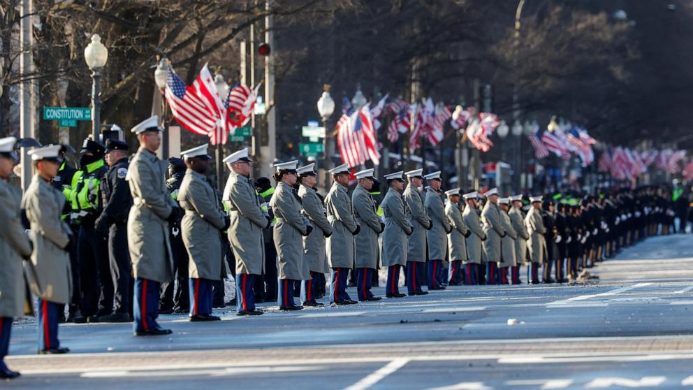 PHOTO: The U.S. Marines stand in formation on the day when the casket of Jimmy Carter, the former president who died on December 29 at the age of 100, will lie in state at the U.S. Capitol building in Washington, D.C., Jan. 7, 2025.
