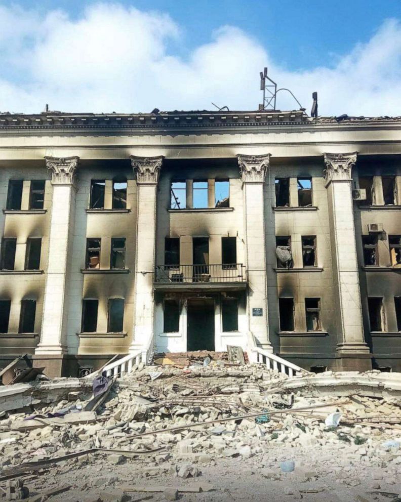 PHOTO: This image made available by Azov Battalion, shows the drama theater, damaged after shelling, in Mariupol, Ukraine, on March 17, 2022.