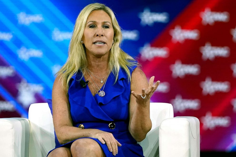 PHOTO: Rep. Marjorie Taylor Greene answers questions during a panel discussion at the Conservative Political Action Conference (CPAC), Feb. 26, 2022, in Orlando, Fla.