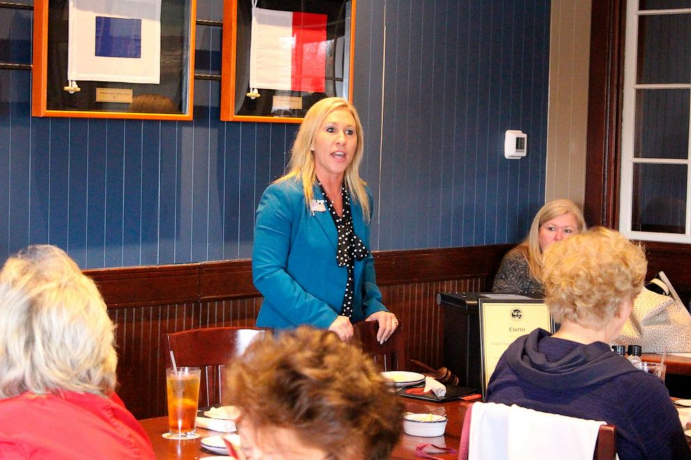 PHOTO: Republican Marjorie Taylor Greene speaks to a GOP women's group on March 3, 2020, in Rome, Ga.