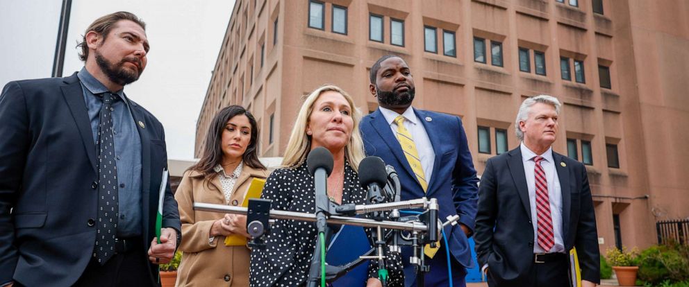 PHOTO: Rep. Marjorie Taylor Greene talks to the media along with Rep. Anna Paulina Luna, Rep. Byron Donalds, and Rep. Mike Collins at the DC Department of Corrections on March 24, 2023, in Washington, D.C.