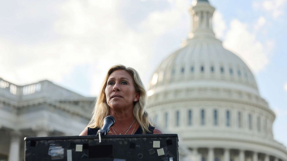 PHOTO: In this June 14, 2021, file photo, Representative Marjorie Taylor Greene holds a press conference outside the U.S. Capitol in Washington, D.C.