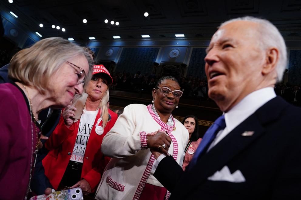 PHOTO: Rep. Marjorie Taylor Greene (R-GA) looks on as President Biden arrives in the House chamber to deliver the annual State of the Union address in the House chamber at the Capital building on March 7, 2024 in Washington, D.C.