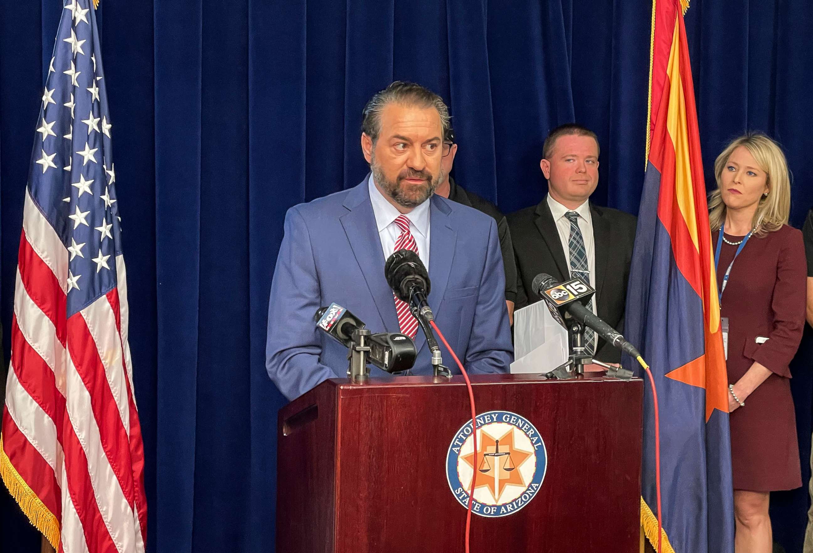 PHOTO: In this Nov. 22, 2021, file photo, Arizona Attorney General Mark Brnovich speaks to reporters during a news conference at his office in Phoenix.