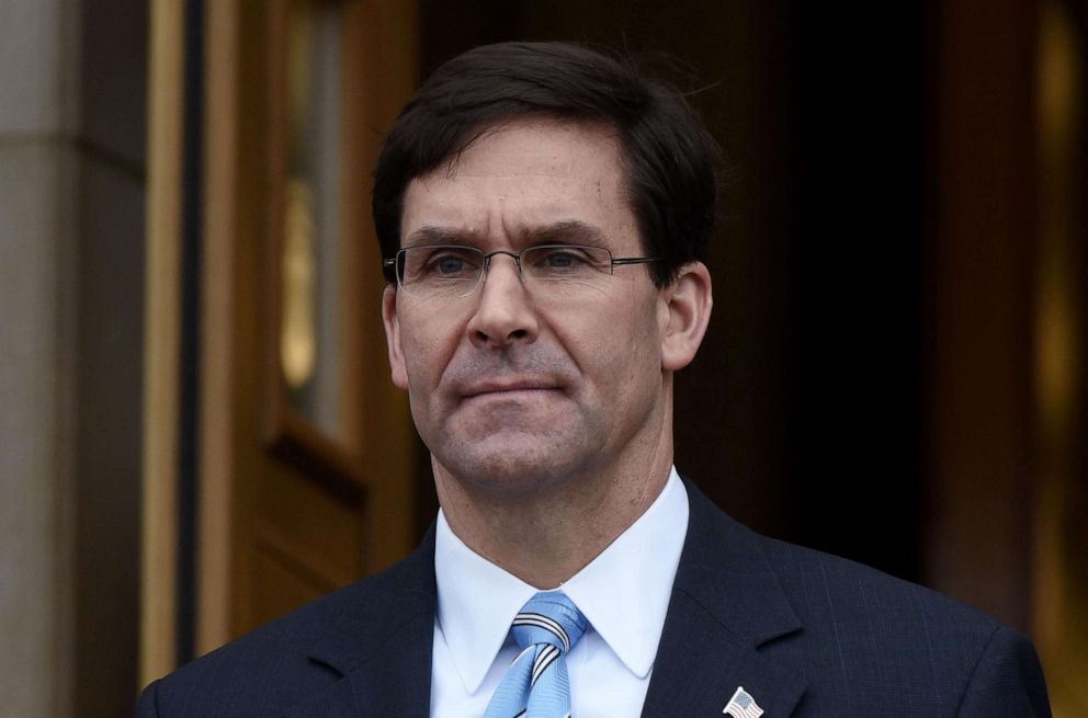 PHOTO: In this Dec. 10, 2019, file photo, Secretary of Defense Mark Esper looks on during an event at the Pentagon in Washington, DC.