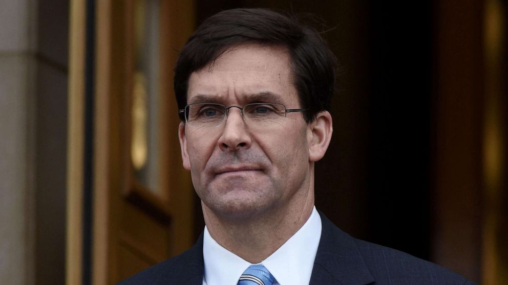 PHOTO: In this Dec. 10, 2019, file photo, Secretary of Defense Mark Esper looks on during an event at the Pentagon in Washington, DC.