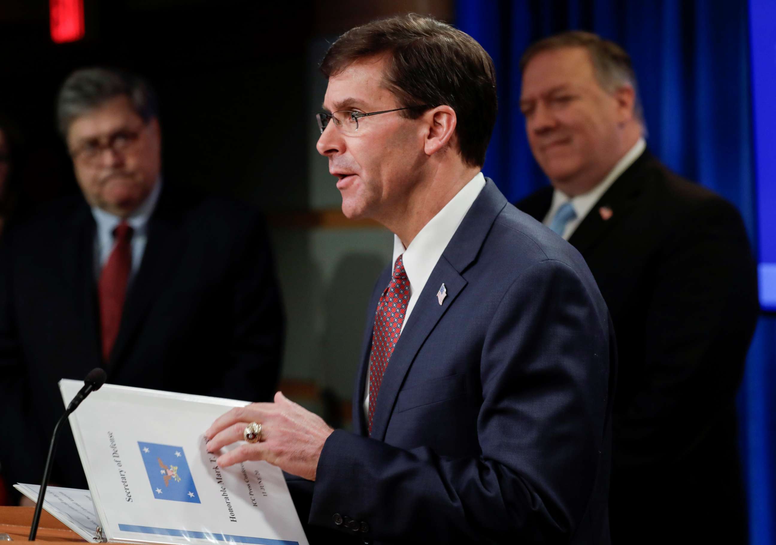 PHOTO: Defense Secretary Mark Esper concludes his statement as he participates in a joint briefing with Attorney General William Barr and Secretary of State Mike Pompeo in Washington, June 11, 2020.