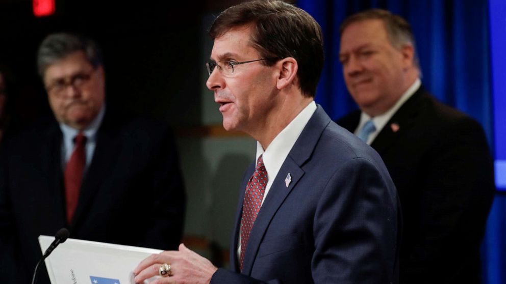 PHOTO: Defense Secretary Mark Esper concludes his statement as he participates in a joint briefing with Attorney General William Barr and Secretary of State Mike Pompeo in Washington, June 11, 2020.