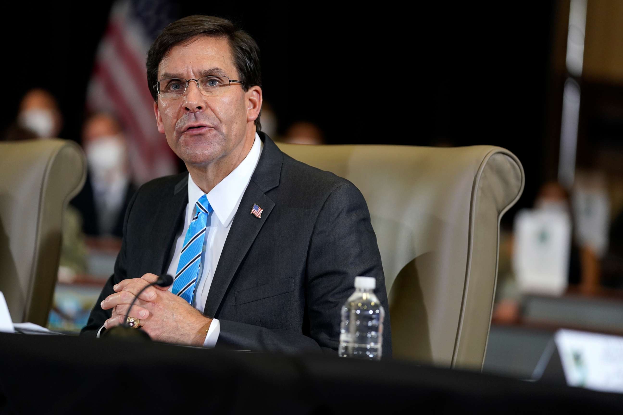 PHOTO: Defense Secretary Mark Esper speaks during a briefing on counternarcotics operations at U.S. Southern Command, July 10, 2020, in Doral, Fla.