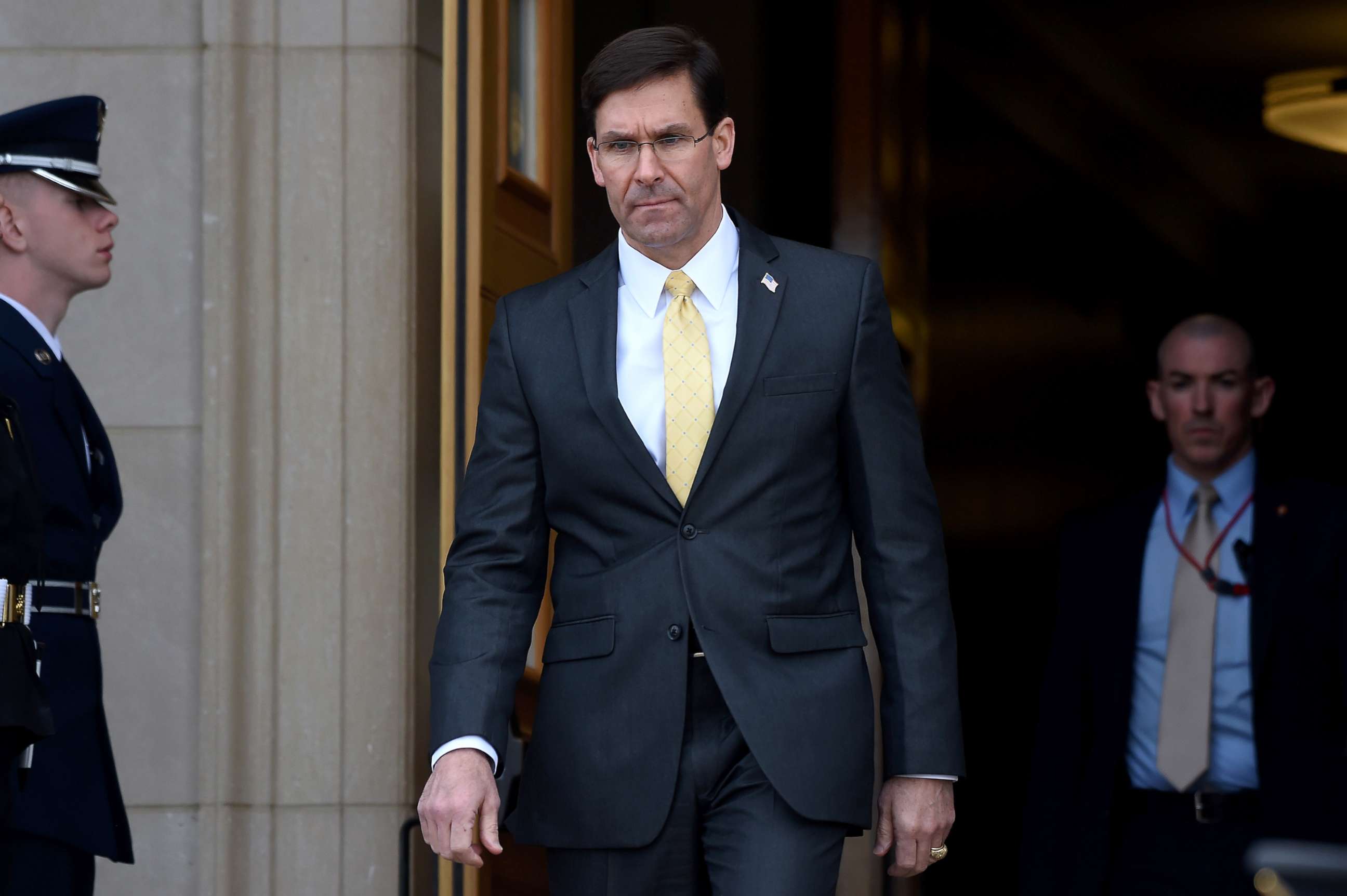 PHOTO: Defense Secretary Mark Esper arrives for an honor cordon at the Pentagon's River Entrance, March 5, 2020, in Washington, D.C.