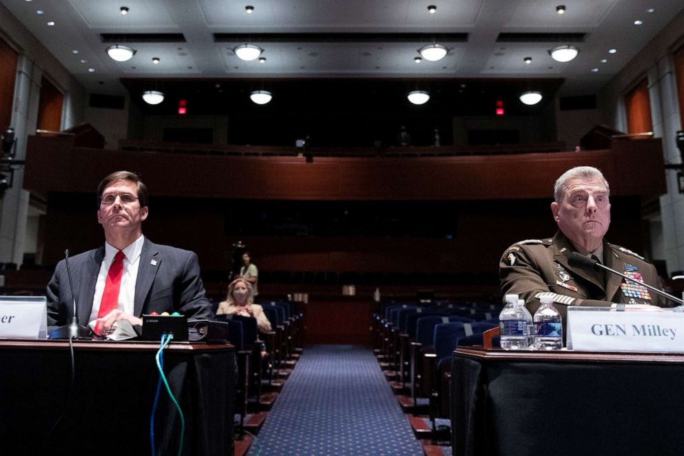 PHOTO: U.S. Secretary of Defense Mark Esper and Chairman of the Joint Chiefs of Staff Gen. Mark Milley appear before a House Armed Services Committee hearing in Washington, July 9, 2020.