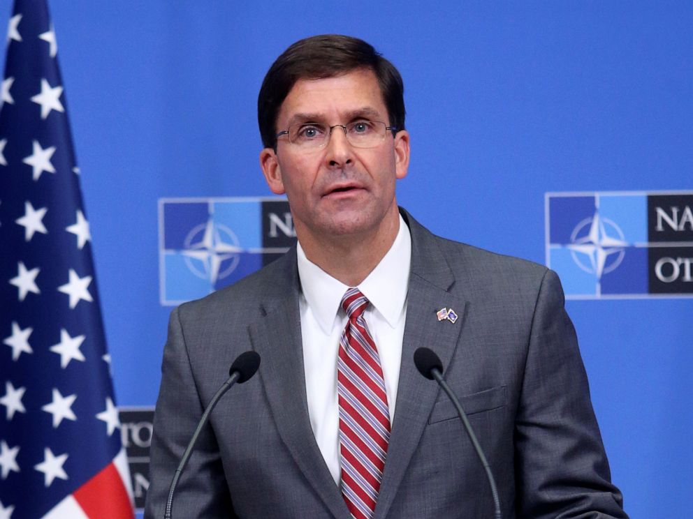 PHOTO:Acting U.S. Secretary for Defense Mark Esper speaks during a news conference after a NATO Defence Ministers meeting in Brussels, June 27, 2019.