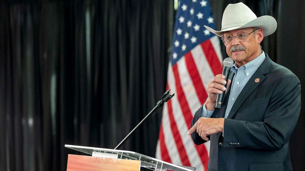 PHOTO: Mark Finchem, candidate for Secretary of State of Arizona, speaks during a rally with Republican nominee for governor of Arizona Kari Lake at Dream City Church in Phoenix, Ariz., on Nov. 7, 2022.