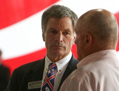 PHOTO: Current Wyoming treasurer and gubernatorial candidate Mark Gordon talks with constituents during the GOP fundraiser at The Hangar in Bar Nunn, Wyo., May 2, 2018.
