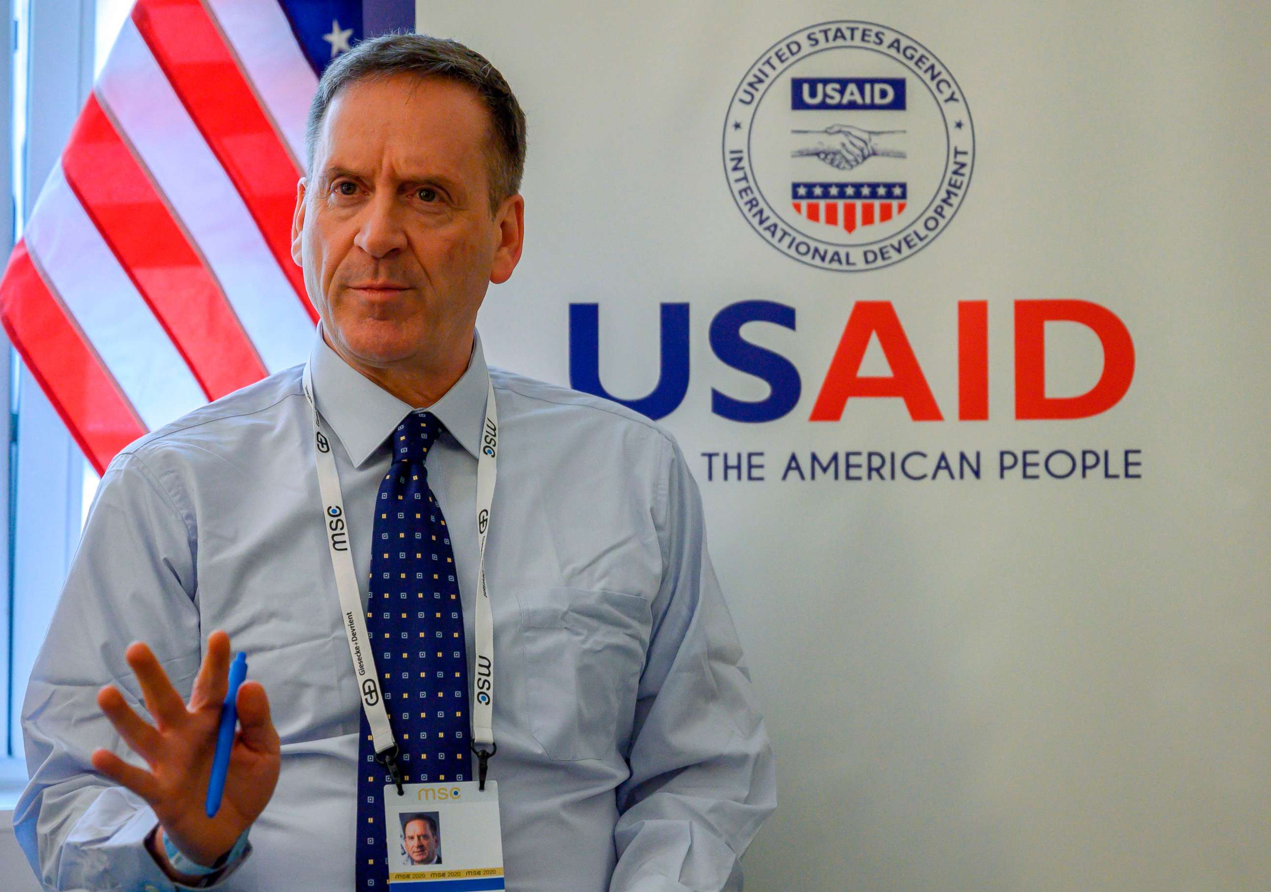PHOTO: United States Agency for International Development (USAID) administrator Mark Green speaks to members of the press during a briefing at the Munich Security conference in Munich, Feb. 14, 2020.