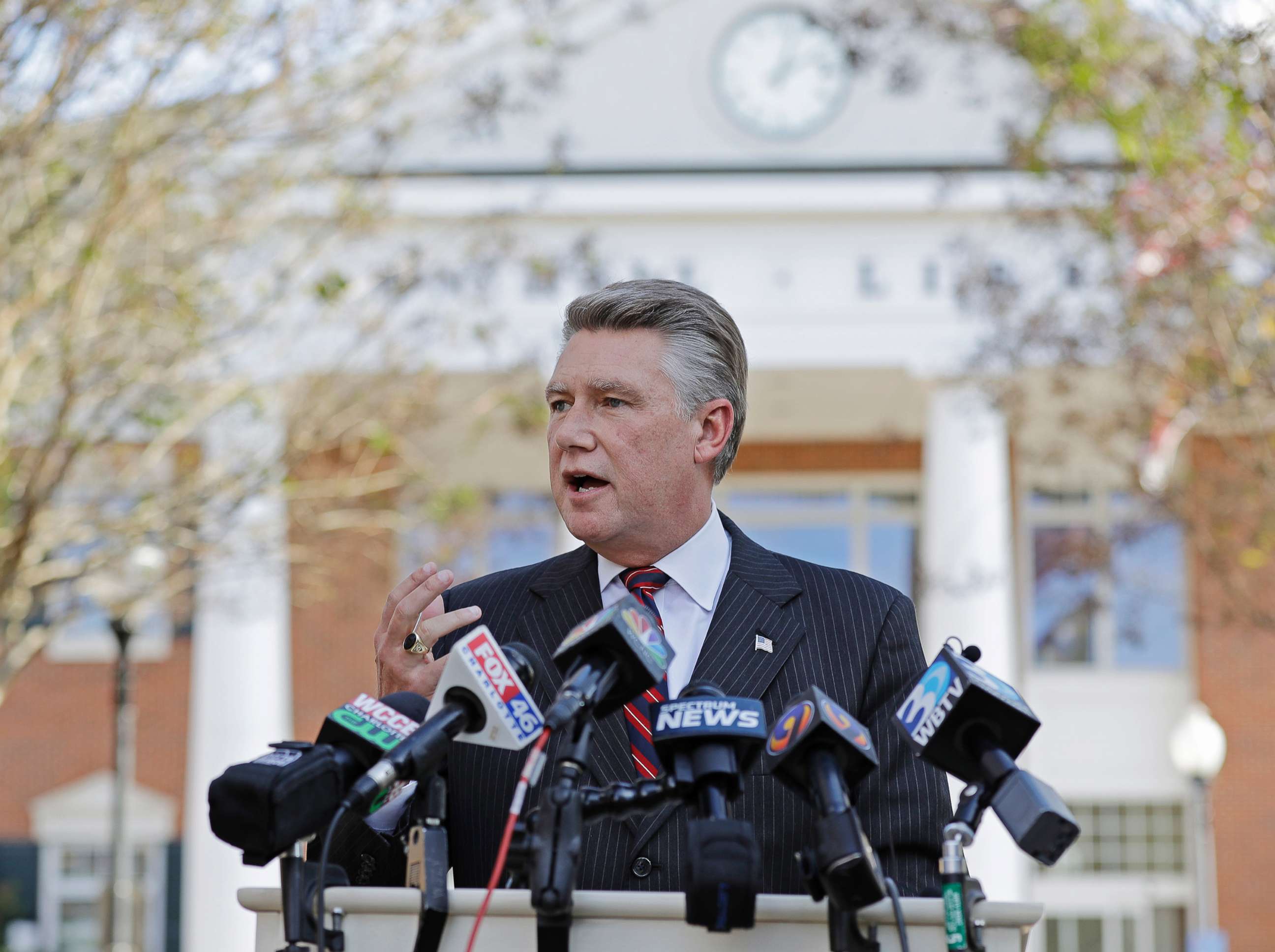 PHOTO: In this Nov. 7, 2018, file photo Mark Harris speaks to the media during a news conference in Matthews, N.C.