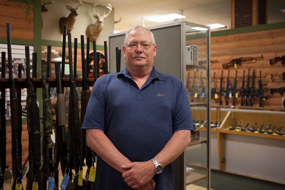 PHOTO: Mark Highsmith, owner of Highsmith Guns in Greenfield, Ind., poses for a photo on April 25, 2019.