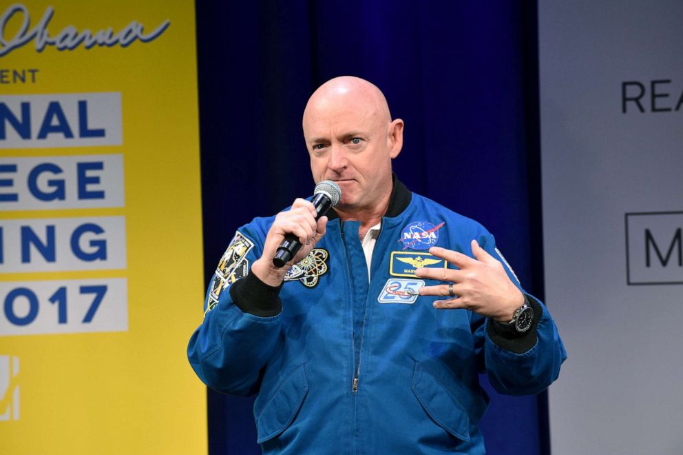 PHOTO: Astronaut Mark Kelly speaks onstage during MTV's 2017 College Signing Day With Michelle Obama at The Public Theater, May 5, 2017, in New York.
