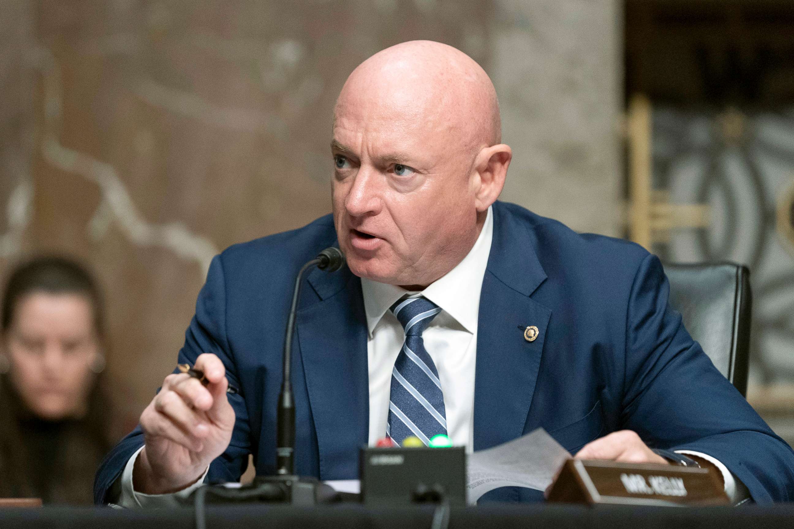 PHOTO: Sen. Mark Kelly, D-Ariz., speaks during a hearing of the Senate Armed Services Committee, on Capitol Hill, in Washington, March 24, 2022.