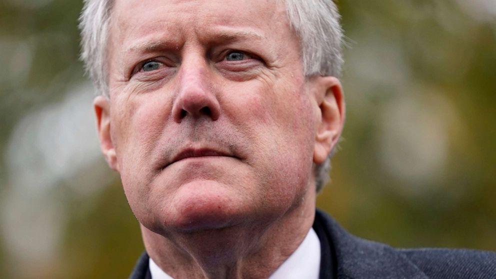 PHOTO: White House chief of staff Mark Meadows speaks with reporters outside the White House, Oct. 26, 2020, in Washington.