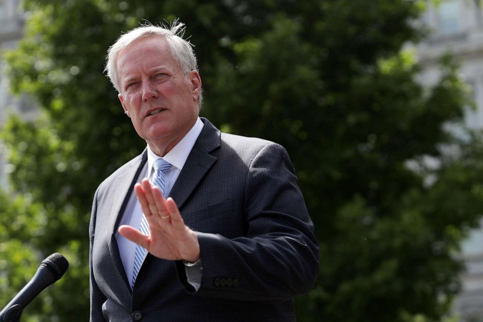 PHOTO: White House Chief of Staff Mark Meadows speaks to members of the press outside the West Wing of the White House on Aug. 28, 2020, in Washington, DC.