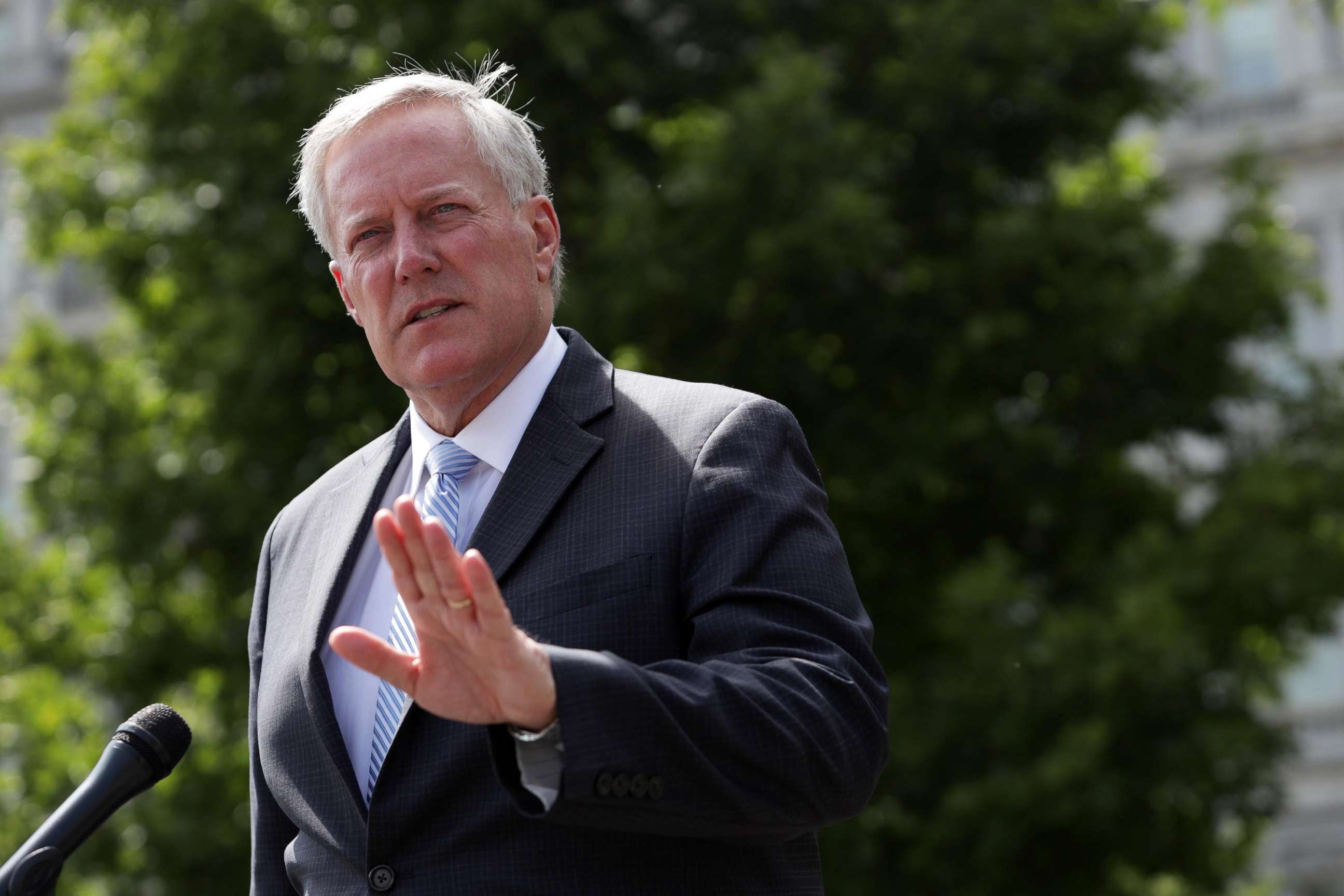 PHOTO: White House Chief of Staff Mark Meadows speaks to members of the press outside the West Wing of the White House on Aug. 28, 2020, in Washington, DC.