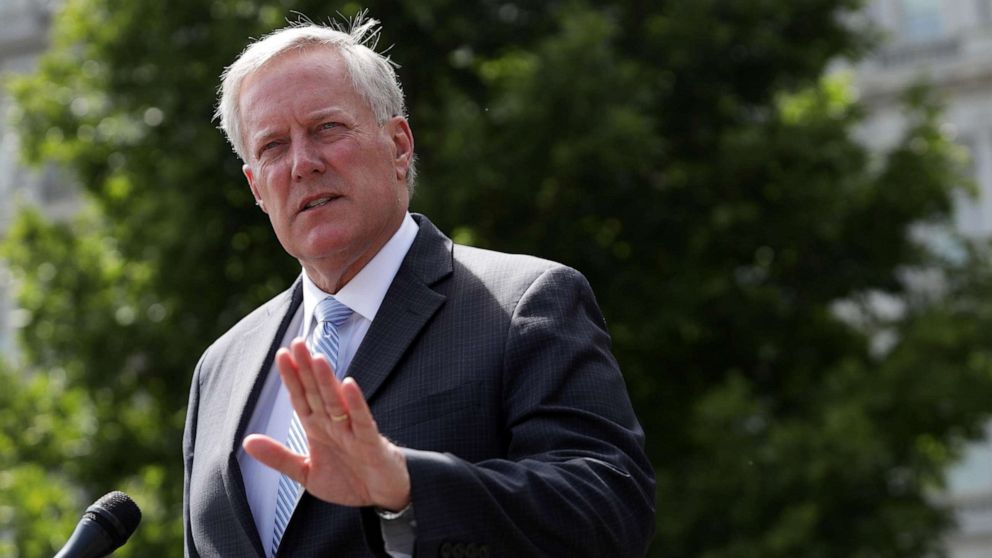 PHOTO: White House Chief of Staff Mark Meadows speaks to members of the press outside the West Wing of the White House on Aug. 28, 2020, in Washington, DC.