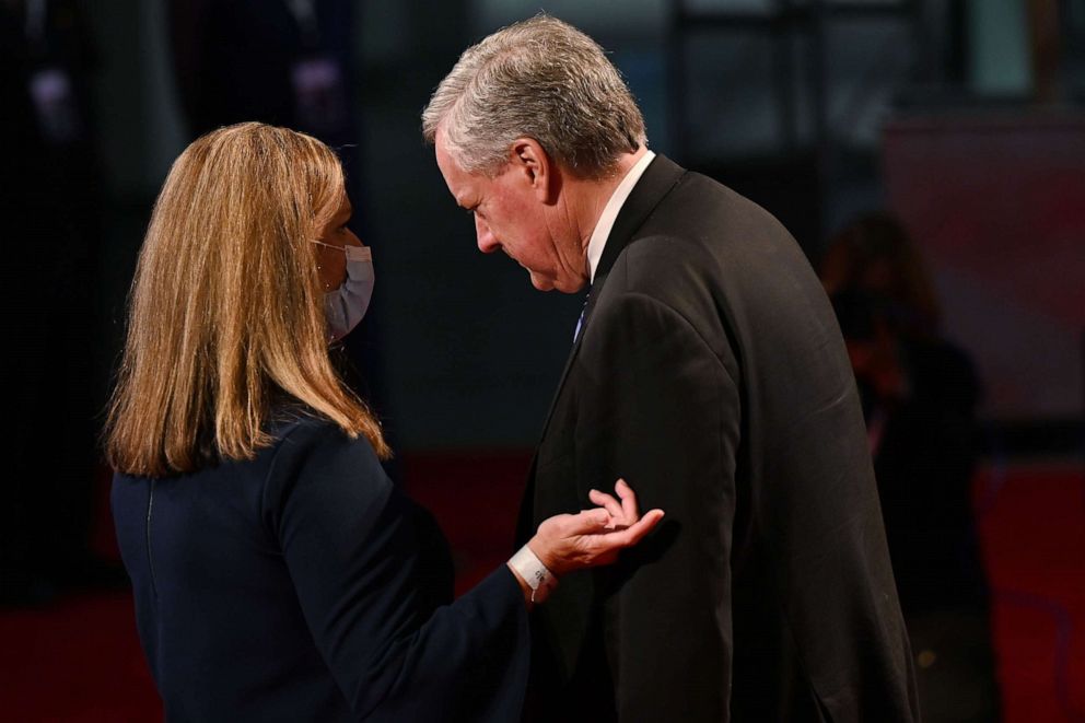 PHOTO: White House chief of staff Mark Meadows is asked about not wearing a mask as he arrives for the first presidential debate at Case Western Reserve University and Cleveland Clinic in Cleveland, Ohio, on Sept. 29, 2020.