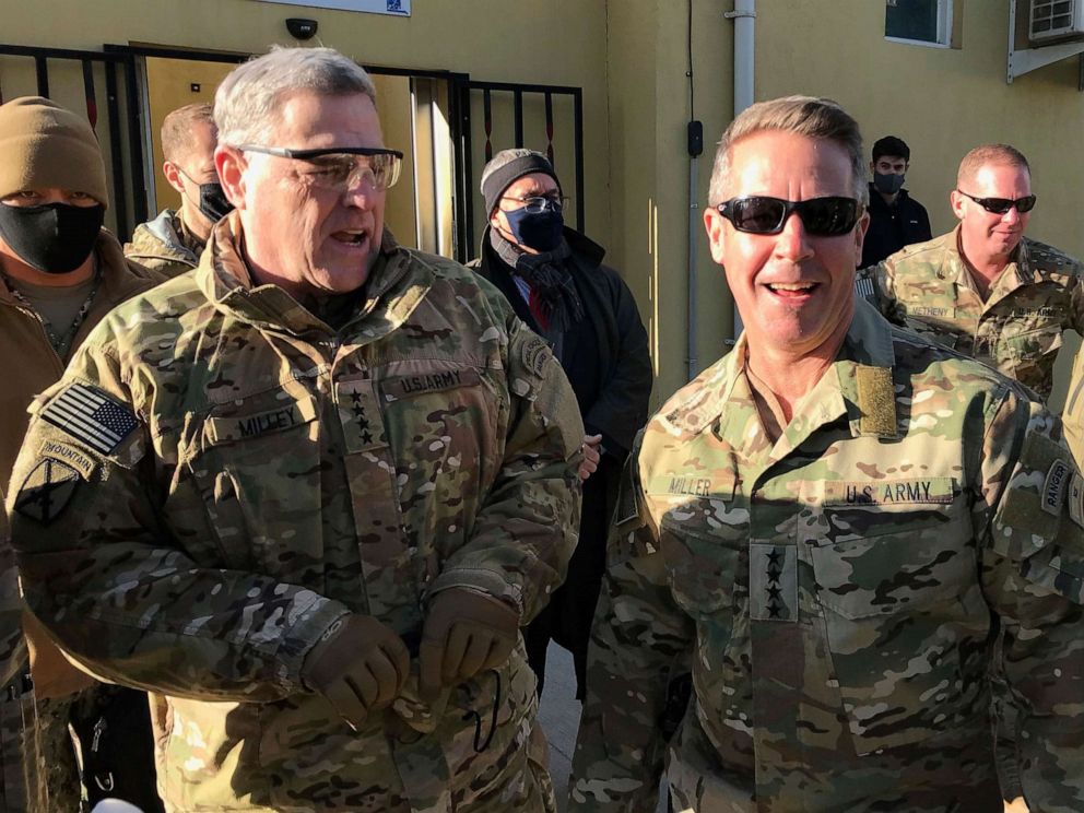 PHOTO: Chairman of the U.S. Joint Chiefs of Staff Gen. Mark Milley, left, talks with Gen. Scott Miller, the commander of U.S. and coalition forces in Afghanistan, Dec. 16, 2020 in Kabul, Afghanistan.