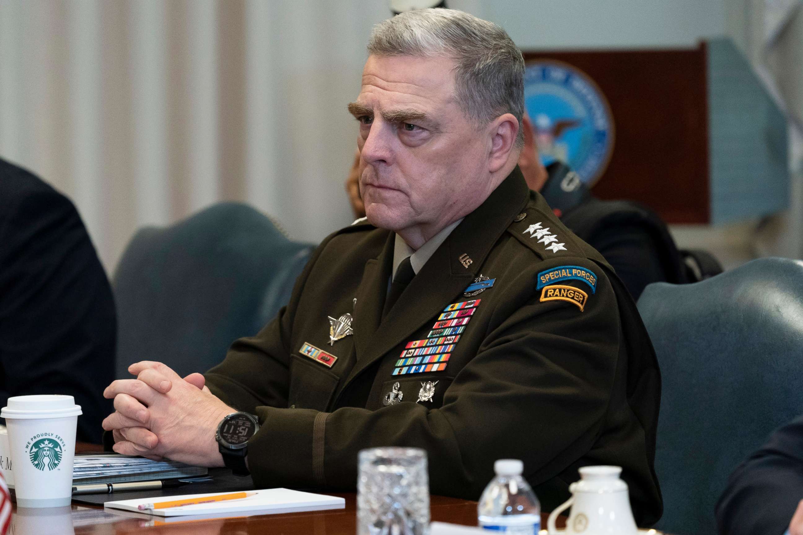 PHOTO: Joint Chiefs Chairman Gen. Mark Milley listens before a meeting with Secretary of Defense Mark Esper and Israeli Defense Minister Benny Gantz, at the Pentagon, Sept. 22, 2020, in Washington.