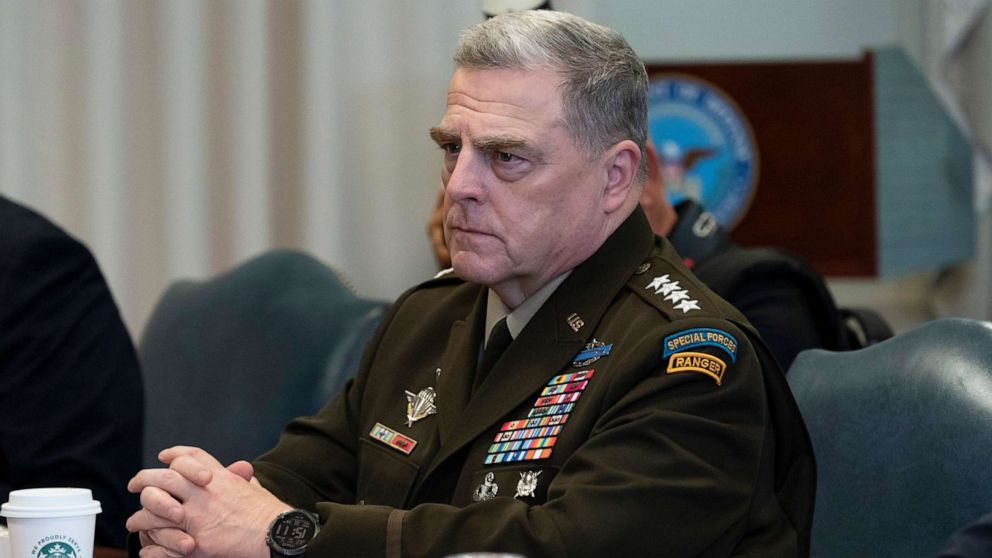 PHOTO: Joint Chiefs Chairman Gen. Mark Milley listens before a meeting with Secretary of Defense Mark Esper and Israeli Defense Minister Benny Gantz, at the Pentagon, Sept. 22, 2020, in Washington.