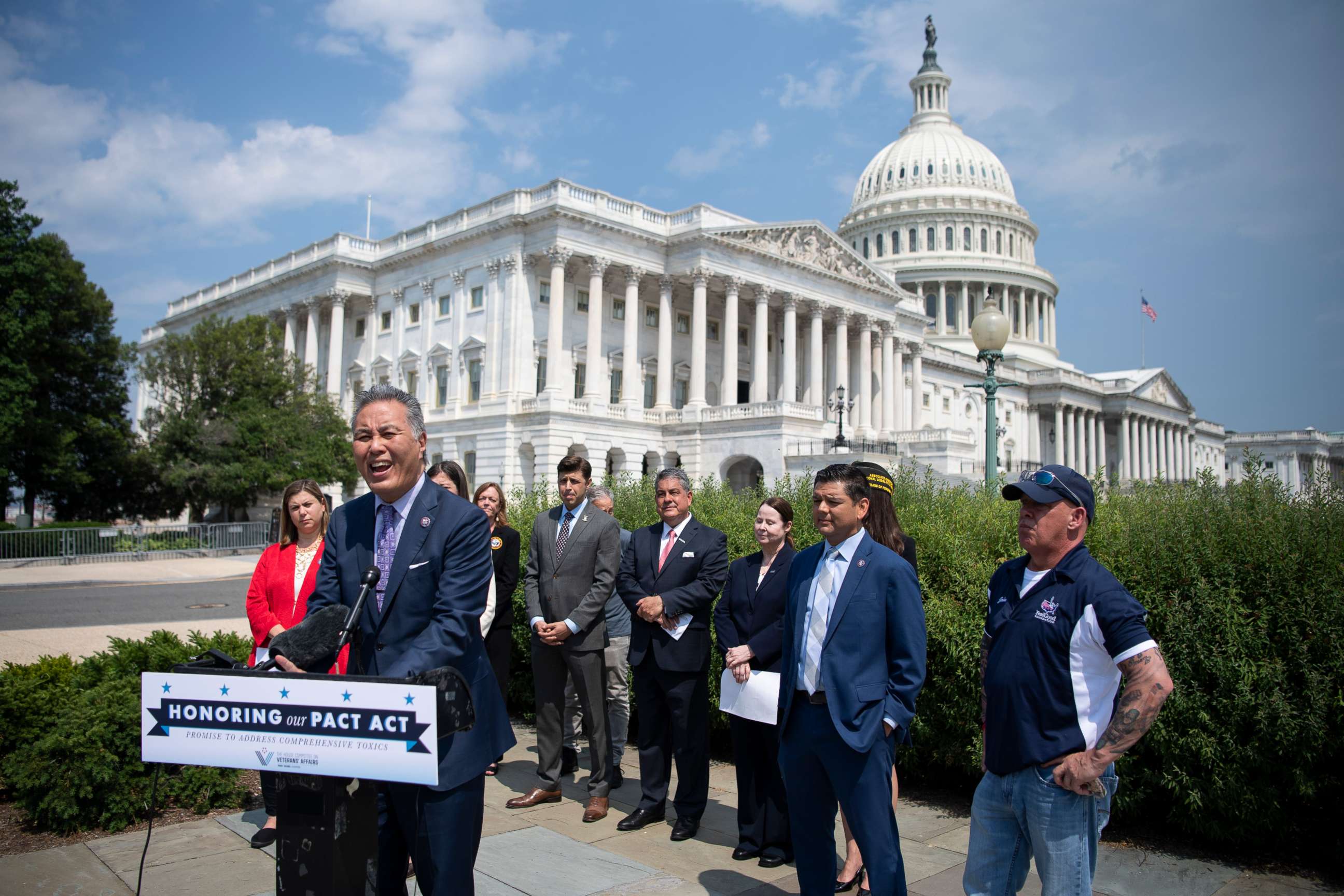 PHOTO: Rep. Mark Takano speaks during a news conference to unveil legislation to expand benefits and improve care for veterans suffering from toxic exposure to burn pits and other hazards, in Washington, May 26, 2021.