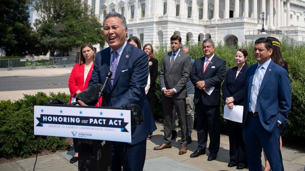 PHOTO: Rep. Mark Takano speaks during a news conference to unveil legislation to expand benefits and improve care for veterans suffering from toxic exposure to burn pits and other hazards, in Washington, May 26, 2021.