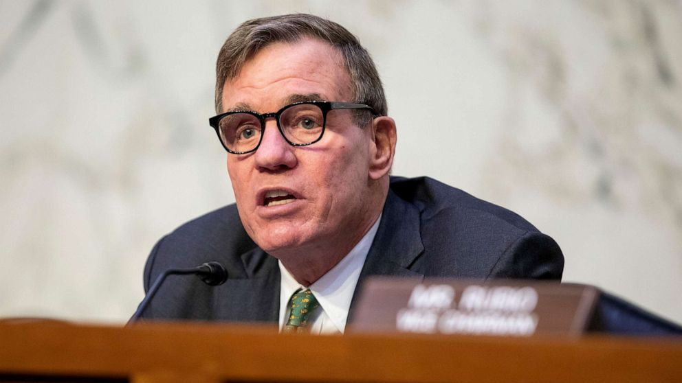 PHOTO: Chairman Mark Warner speaks during a Senate Intelligence Committee hearing to examine worldwide threats at the U.S. Capitol in Washington, D.C., on March 8, 2023.